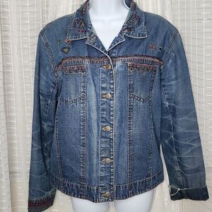 Vintage 90's embroidered denim jacket W/ Beaded embroidery Sun Applique SzL